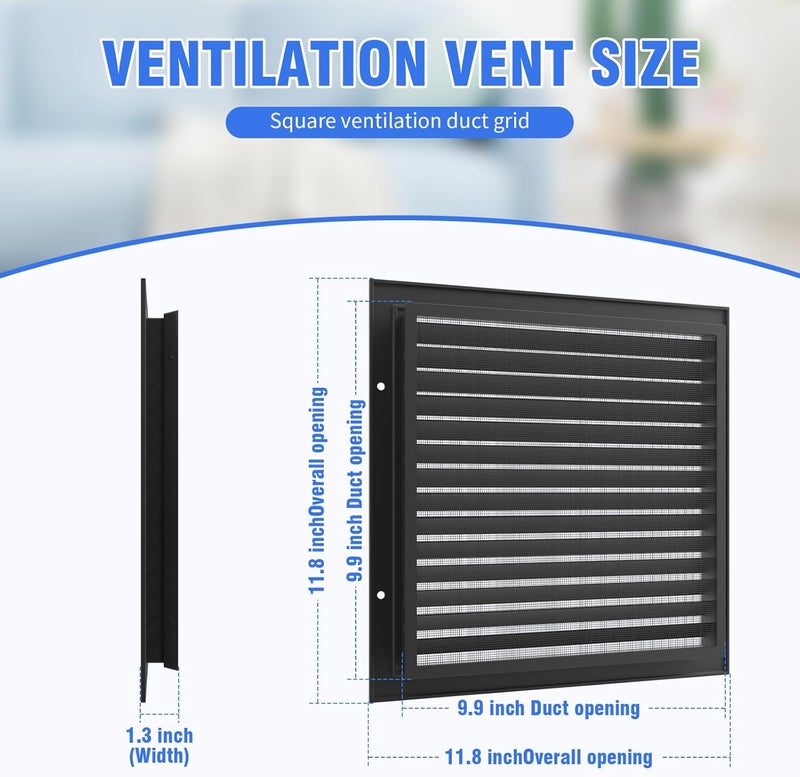 Elecoman 2pcs 12" X 12" Aluminum Gable Vent,Metal Attic Vents with Screen,Stylish Design Return Air Grill,Enhance Air Circulation,Perfect for Storage Shed/Home Attic/Garage/Sidewall/Ceiling(Black)… - Image 2